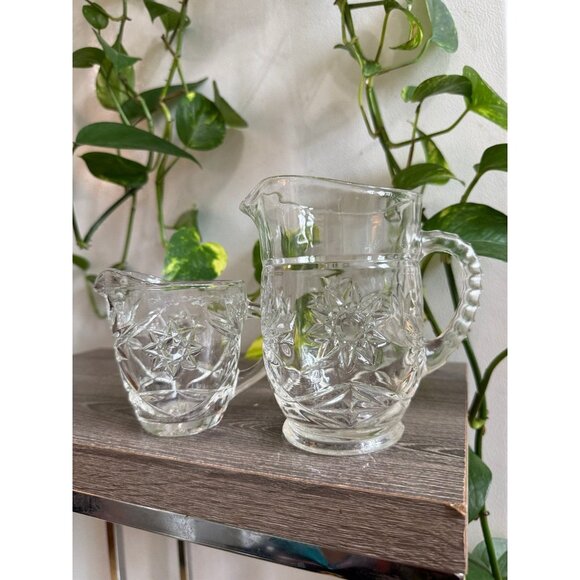 Vintage Clear Glass Creamer and Sugar Set with Starburst Pattern - Picture 1 of 7